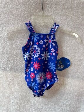 Kids Blue Floral One-Piece Swimsuit with Ruffle Straps